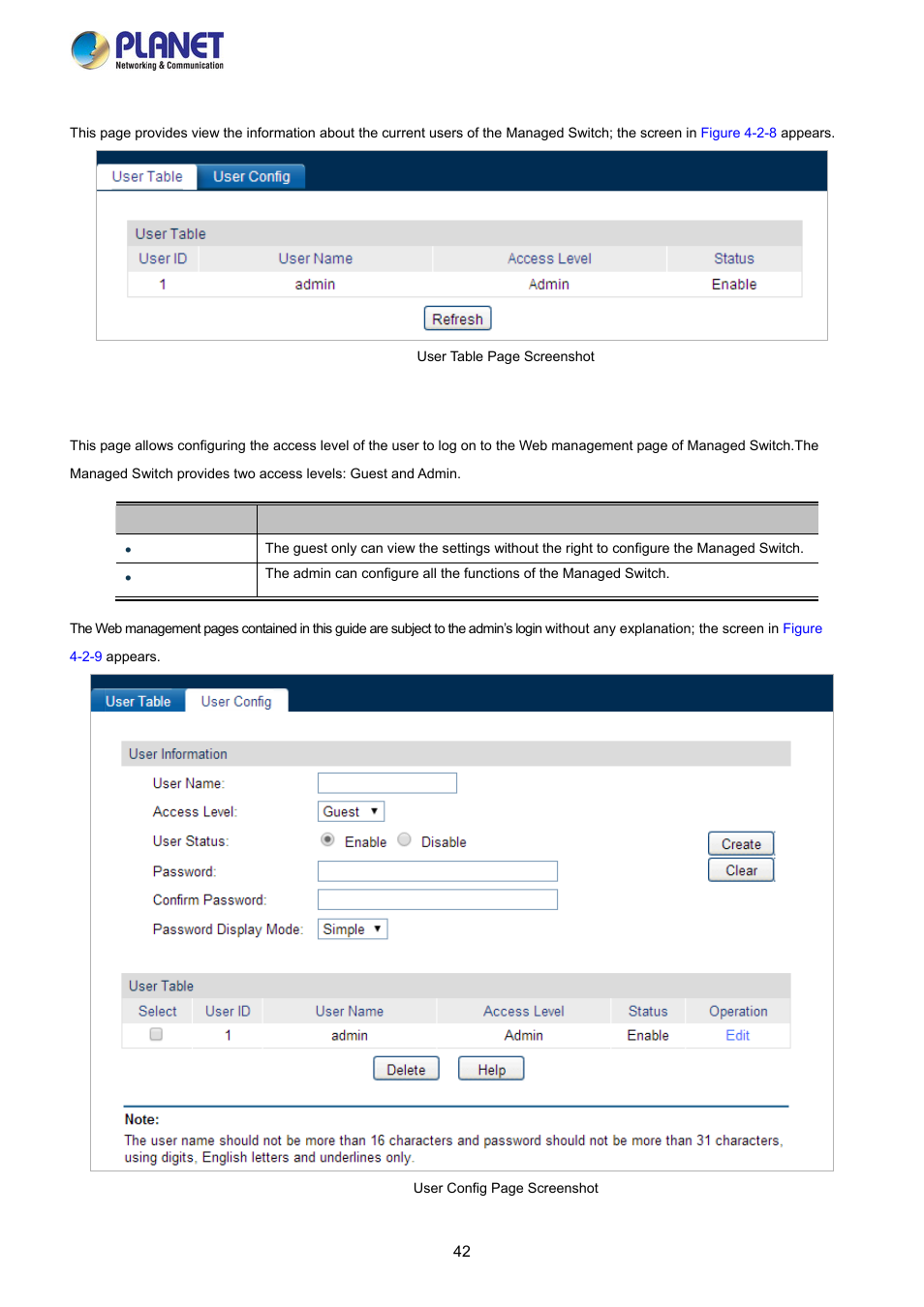 1 user table, 2 user config | PLANET FGSW-2840 User Manual | Page 42 / 263