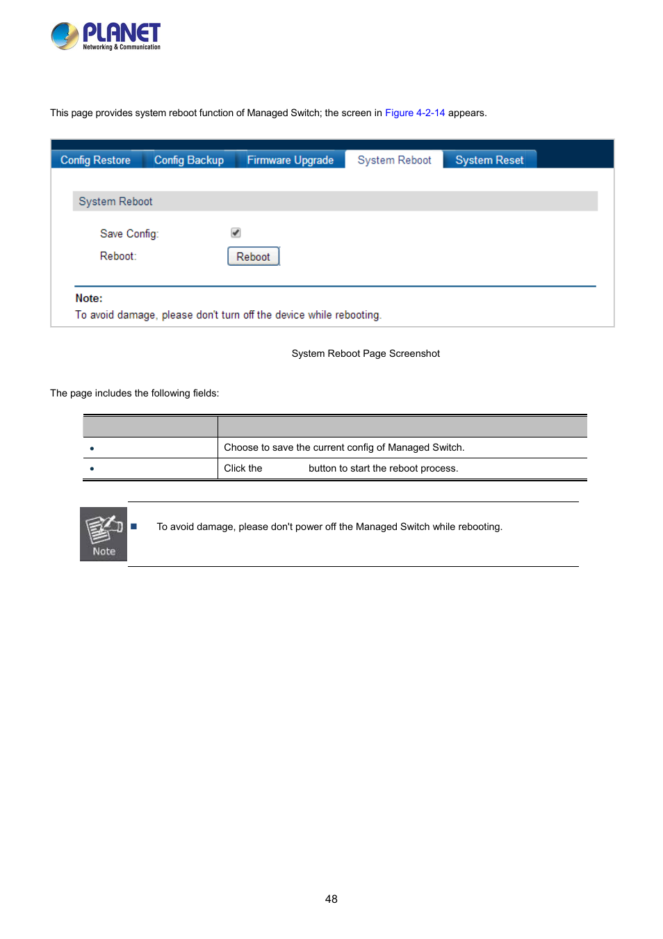 4 system reboot | PLANET FGSW-2840 User Manual | Page 48 / 263