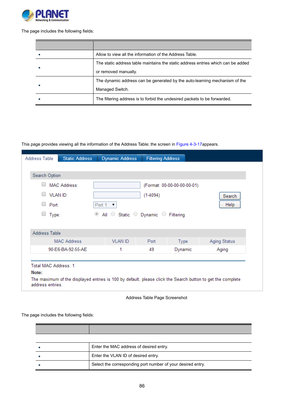 1 address table | PLANET FGSW-2840 User Manual | Page 86 / 263