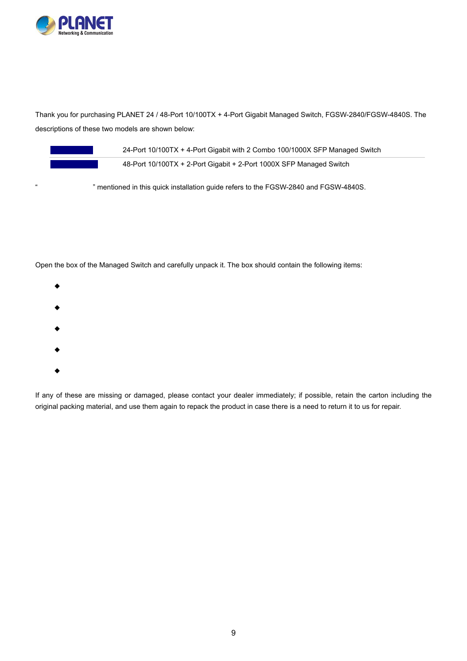 Introduction, 1 package contents | PLANET FGSW-2840 User Manual | Page 9 / 263
