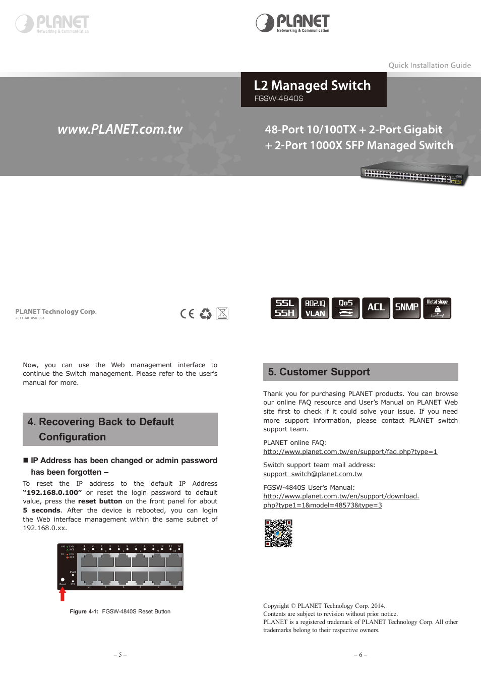 Recovering back to default configuration, Customer support | PLANET FGSW-4840S User Manual | Page 2 / 2