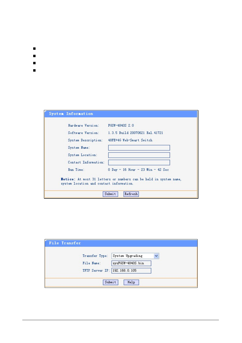 4 system setting, 1 system information, 2 file transfer | Ystem, Etting | PLANET FGSW-4840S User Manual | Page 12 / 38