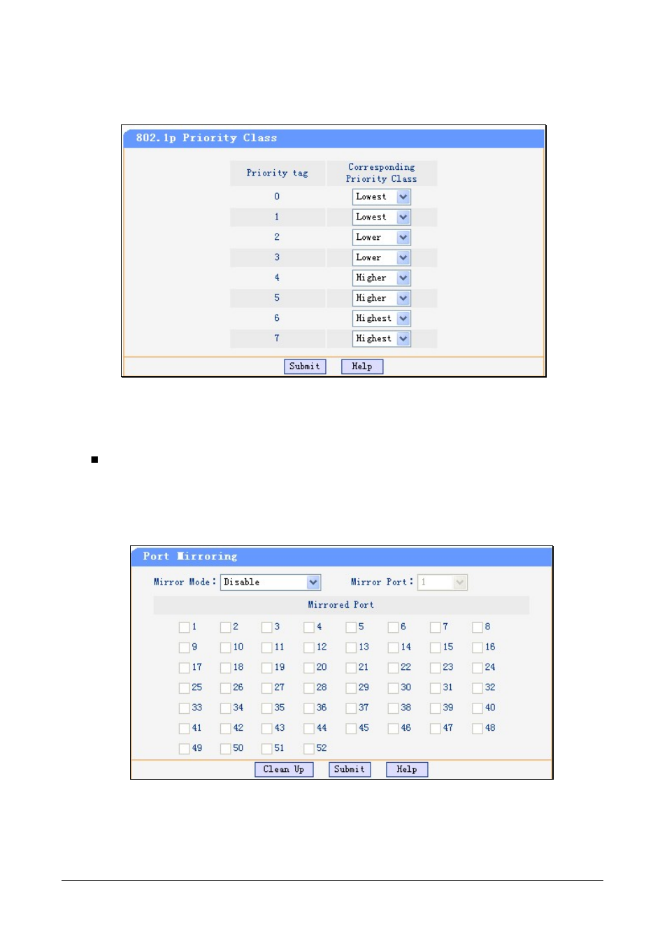 4 802.1p priority class, 10 port mirroring, Irroring | PLANET FGSW-4840S User Manual | Page 33 / 38