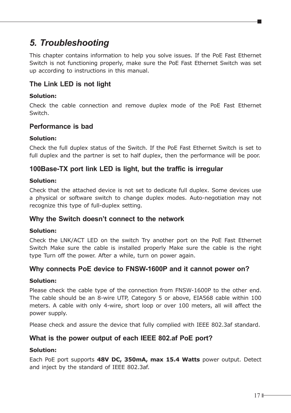 Troubleshooting | PLANET FNSW-1600P User Manual | Page 17 / 20