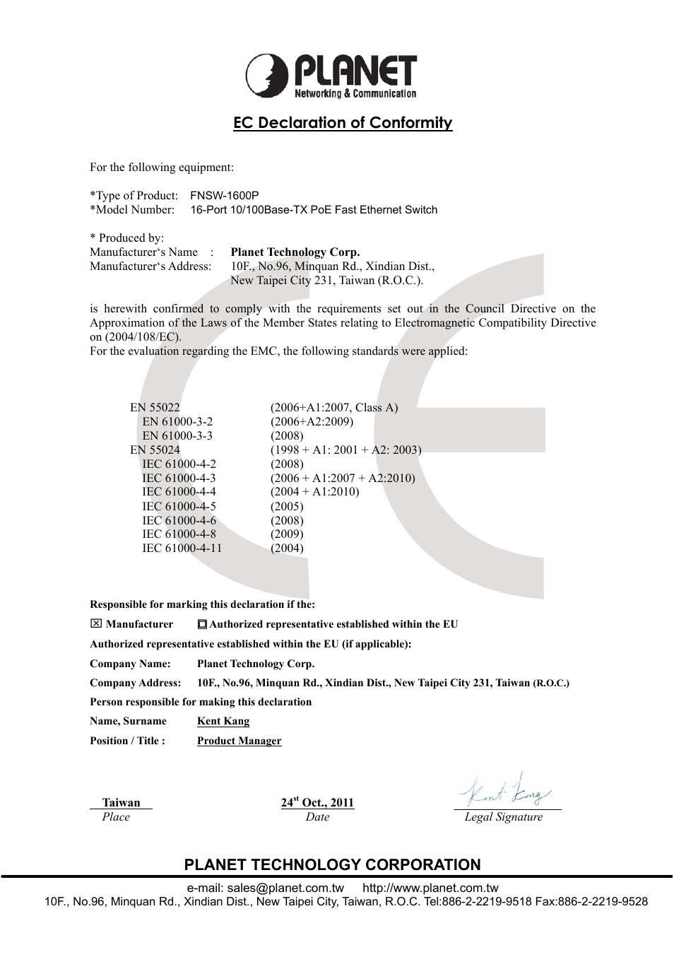 Ec declaration of conformity, Planet technology corporation | PLANET FNSW-1600P User Manual | Page 20 / 20