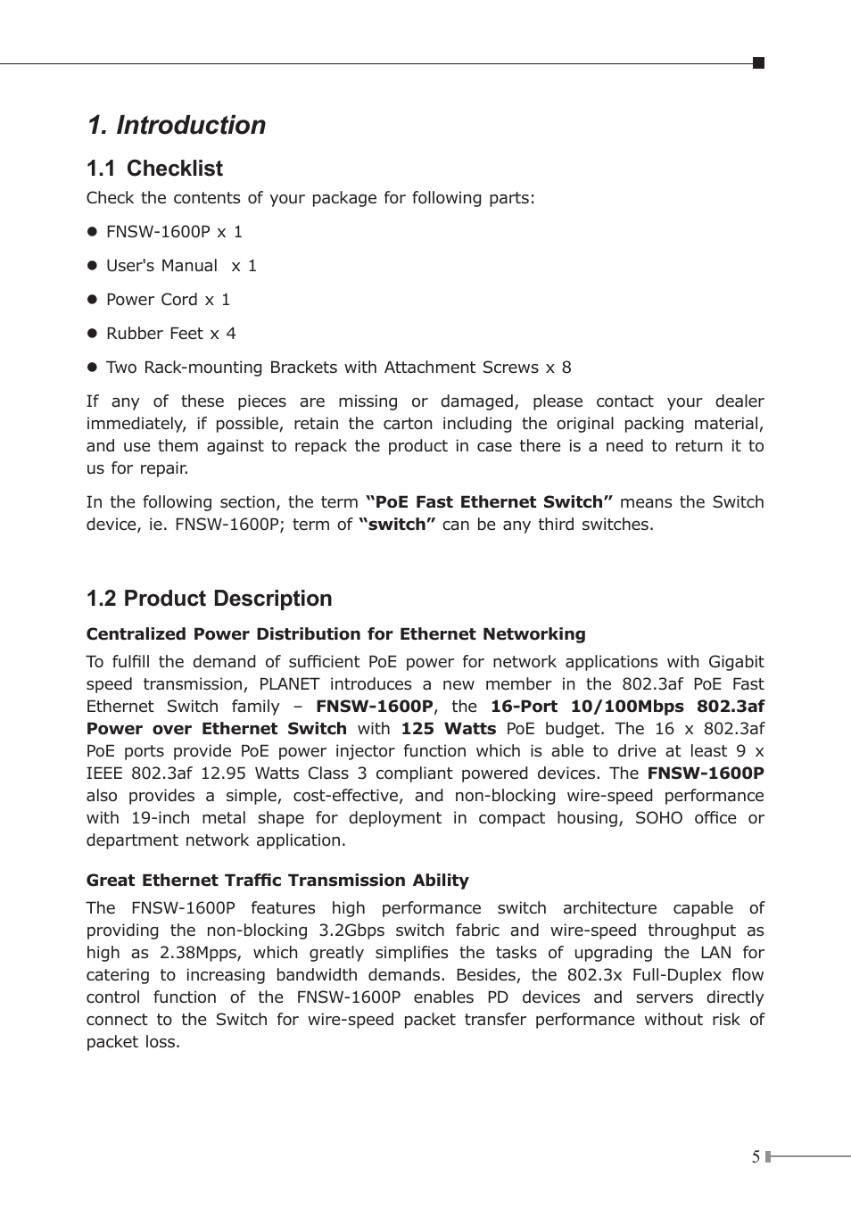 Introduction, 1 checklist, 2 product description | PLANET FNSW-1600P User Manual | Page 5 / 20