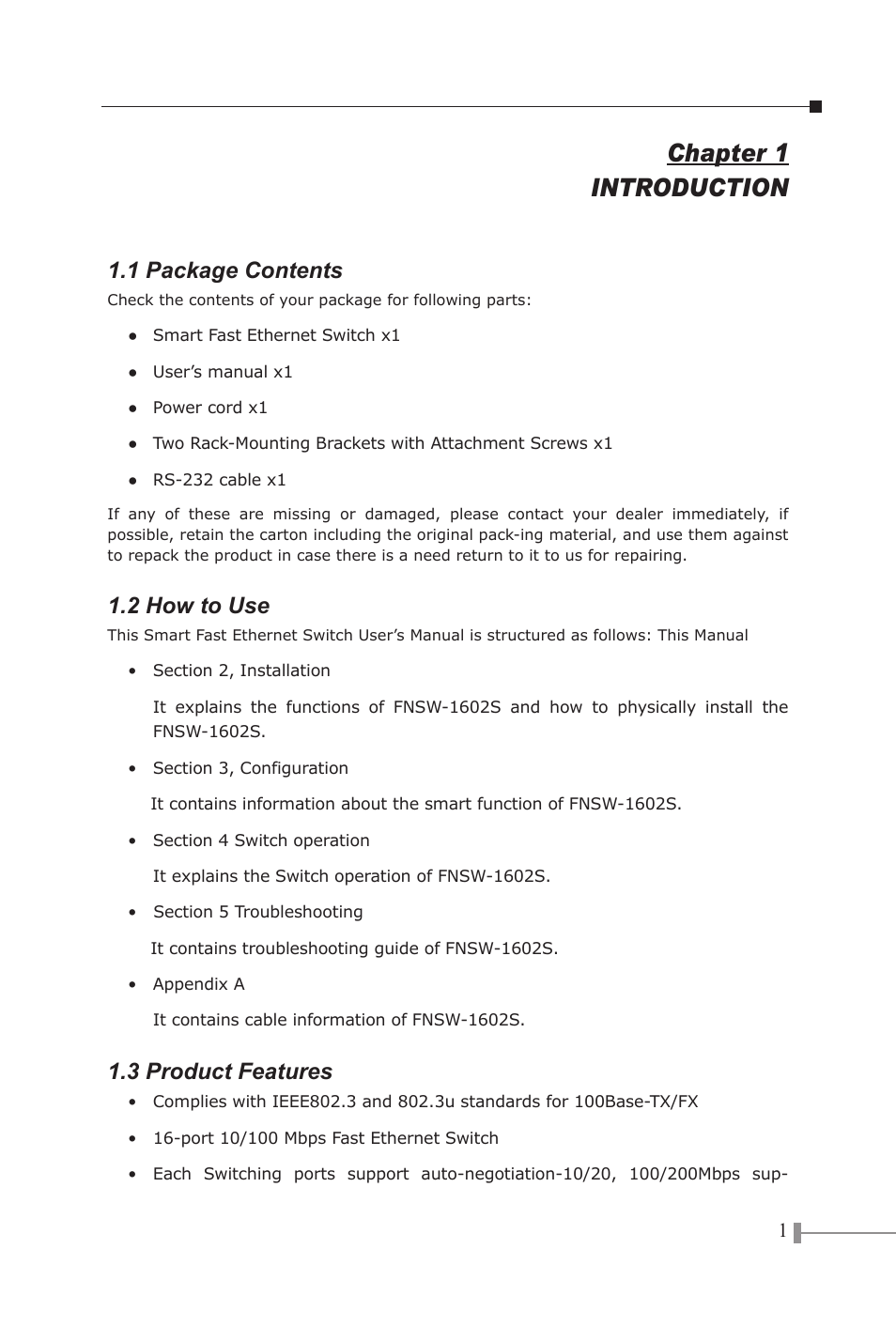 Chapter 1 introduction, 1 package contents, 2 how to use | 3 product features | PLANET FNSW-1602S User Manual | Page 3 / 43