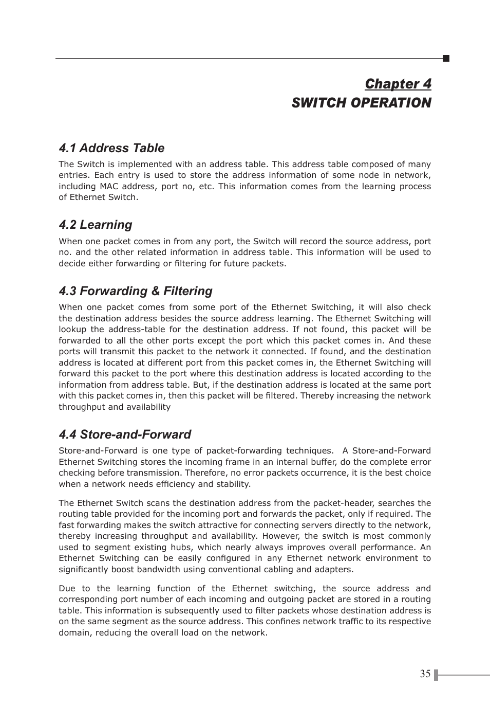 Chapter 4 switch operation, 1 address table, 2 learning | 3 forwarding & filtering, 4 store-and-forward | PLANET FNSW-1602S User Manual | Page 37 / 43