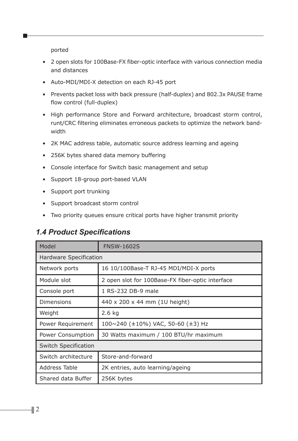 4 product specifications | PLANET FNSW-1602S User Manual | Page 4 / 43