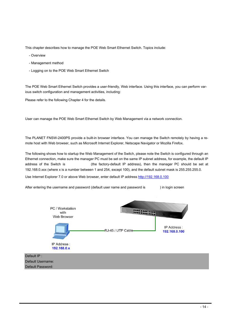 Switch management, 1 overview, 2 management method | 1 web management, Verview, Anagement, Ethod | PLANET FNSW-2400PS User Manual | Page 14 / 70