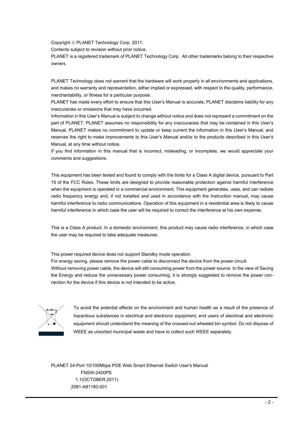 Revision, Trademarks, Disclaimer | Fcc warning, Ce mark warning, Weee warning | PLANET FNSW-2400PS User Manual | Page 2 / 70