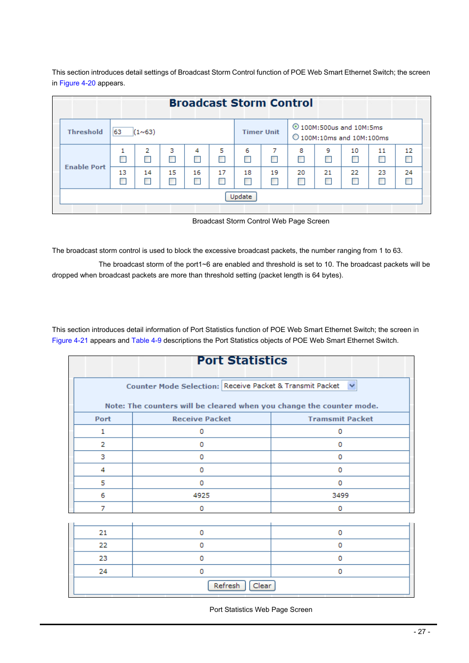 4 broadcast storm control, 5 port statistics | PLANET FNSW-2400PS User Manual | Page 27 / 70
