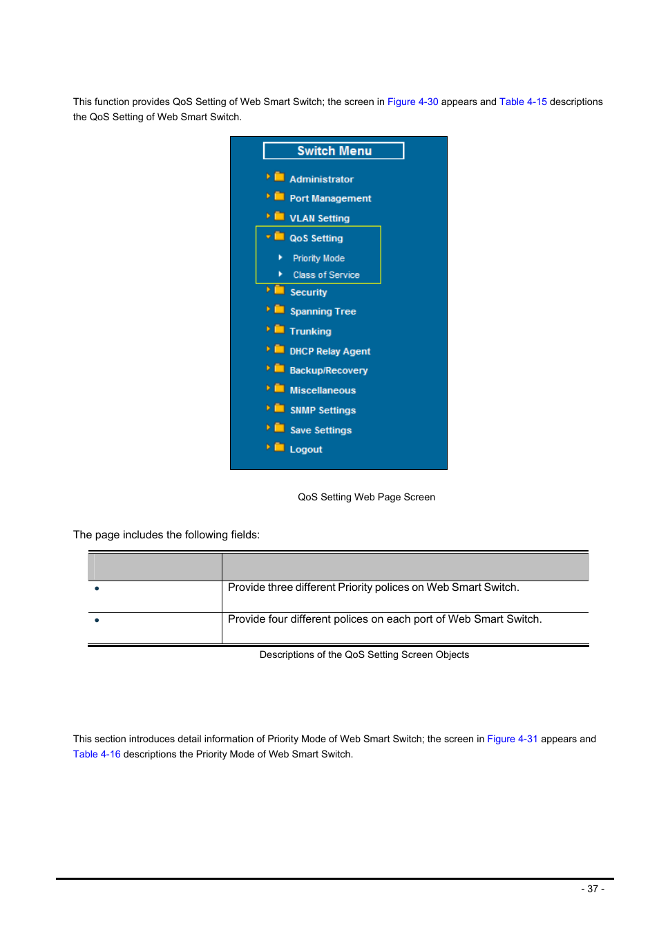 5 qos setting, 1 priority mode, Etting | PLANET FNSW-2400PS User Manual | Page 37 / 70