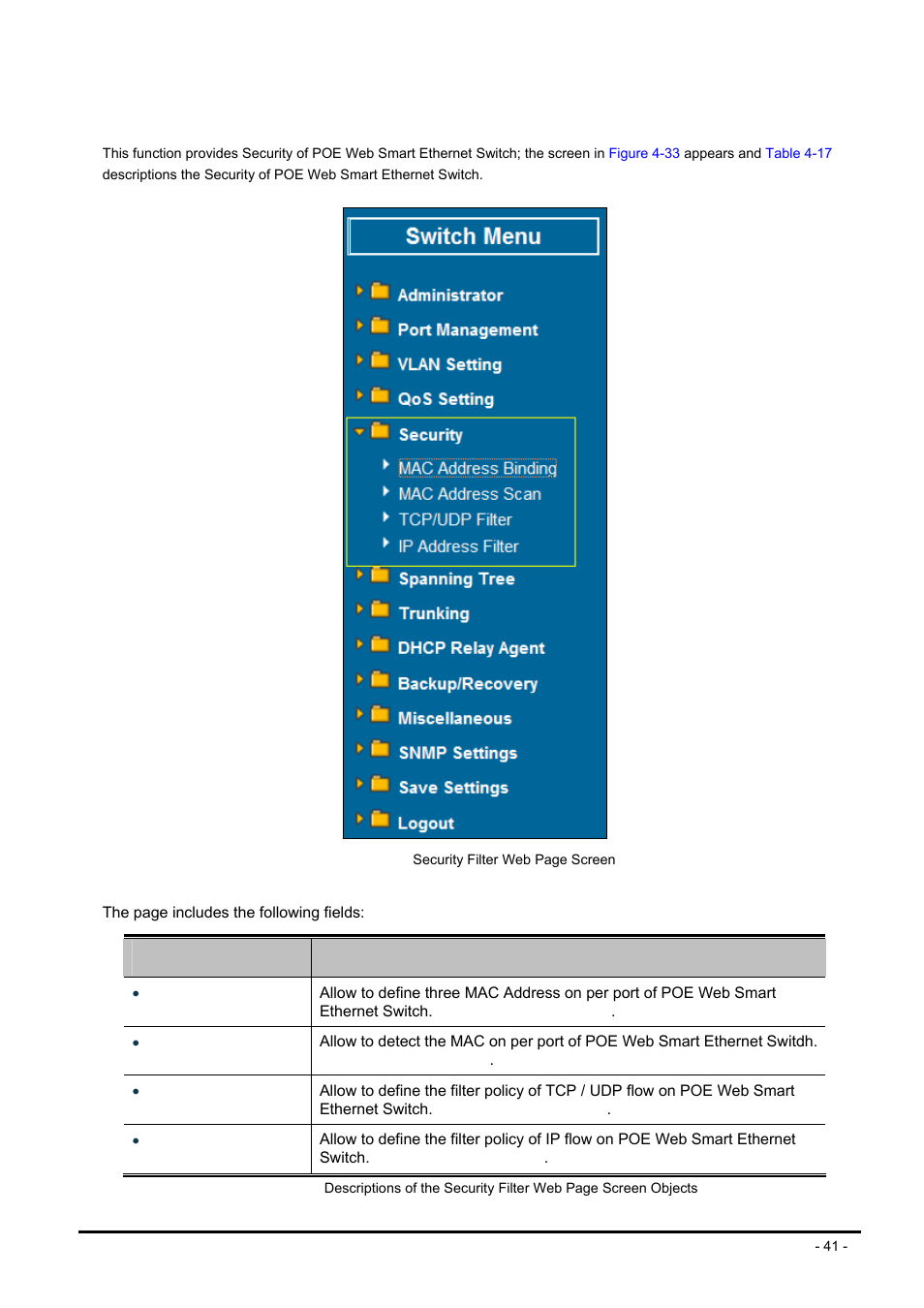 6 security, Ecurity | PLANET FNSW-2400PS User Manual | Page 41 / 70