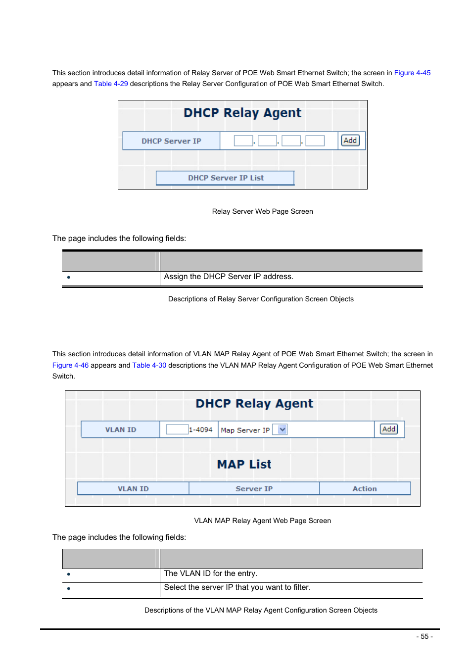 2 relay server, 3 vlan map relay agent | PLANET FNSW-2400PS User Manual | Page 55 / 70