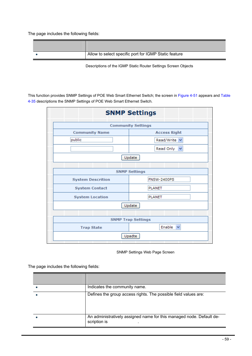 12 snmp settings, Snmp, Ettings | PLANET FNSW-2400PS User Manual | Page 59 / 70