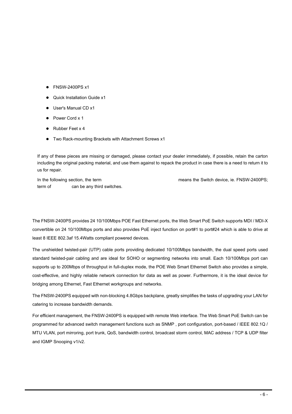 Introduction, 1 checklist, 2 about the switch | Hecklist, Bout the, Witch | PLANET FNSW-2400PS User Manual | Page 6 / 70