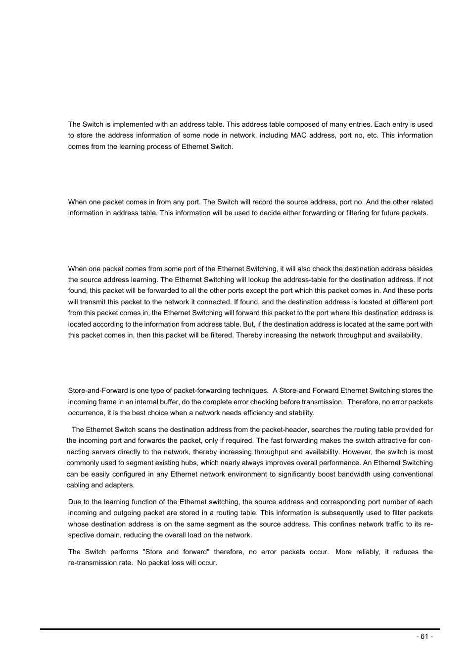 Switch operation, 1 address table, 2 learning | 3 forwarding & filtering, 4 store-and-forward, Ddress, Able, Earning, Orwarding, Iltering | PLANET FNSW-2400PS User Manual | Page 61 / 70