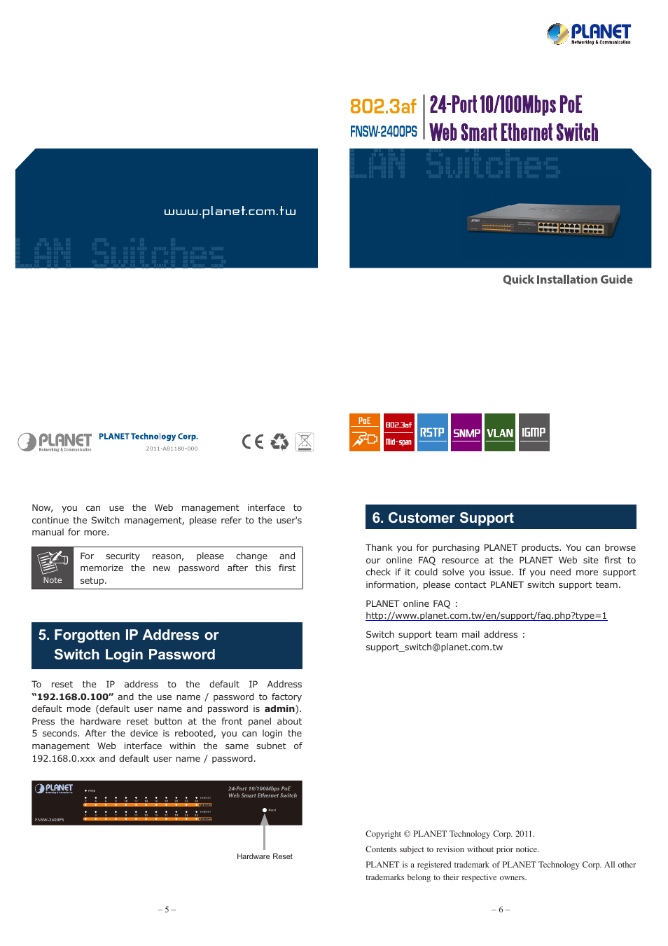 Forgotten ip address or switch login password, Customer support | PLANET FNSW-2400PS User Manual | Page 2 / 2