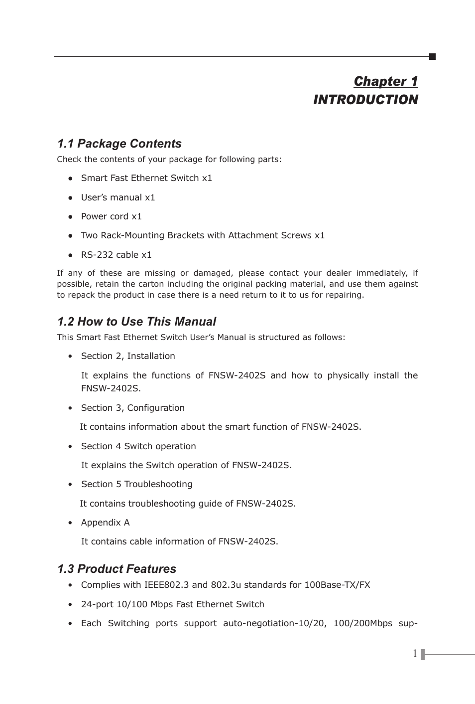 Chapter 1 introduction, 1 package contents, 2 how to use this manual | 3 product features | PLANET FNSW-2402S User Manual | Page 3 / 39