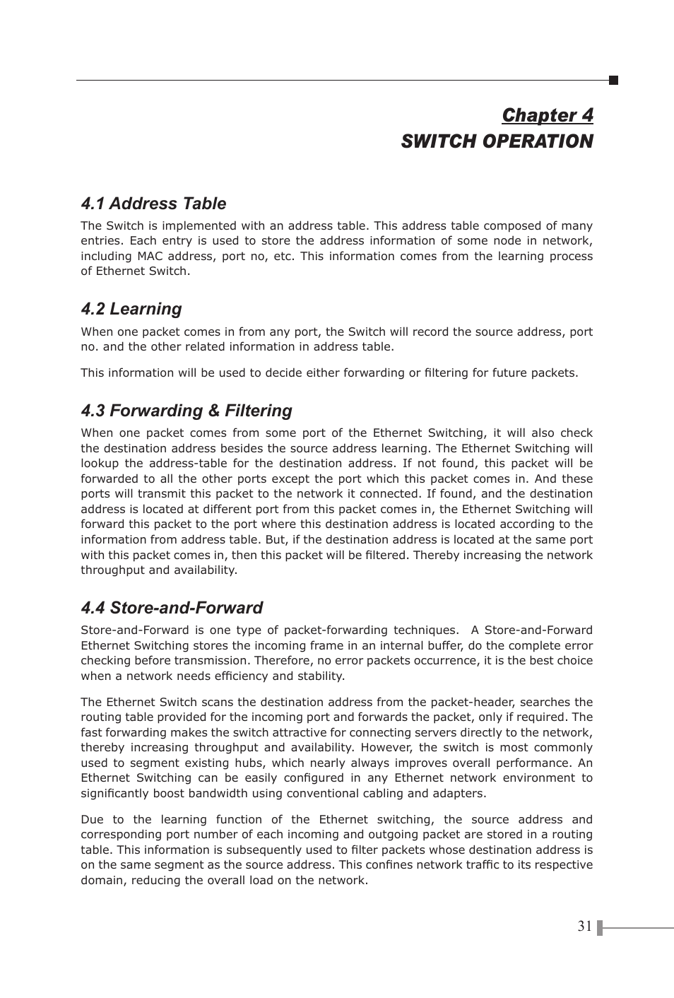 Chapter 4 switch operation, 1 address table, 2 learning | 3 forwarding & filtering, 4 store-and-forward | PLANET FNSW-2402S User Manual | Page 33 / 39