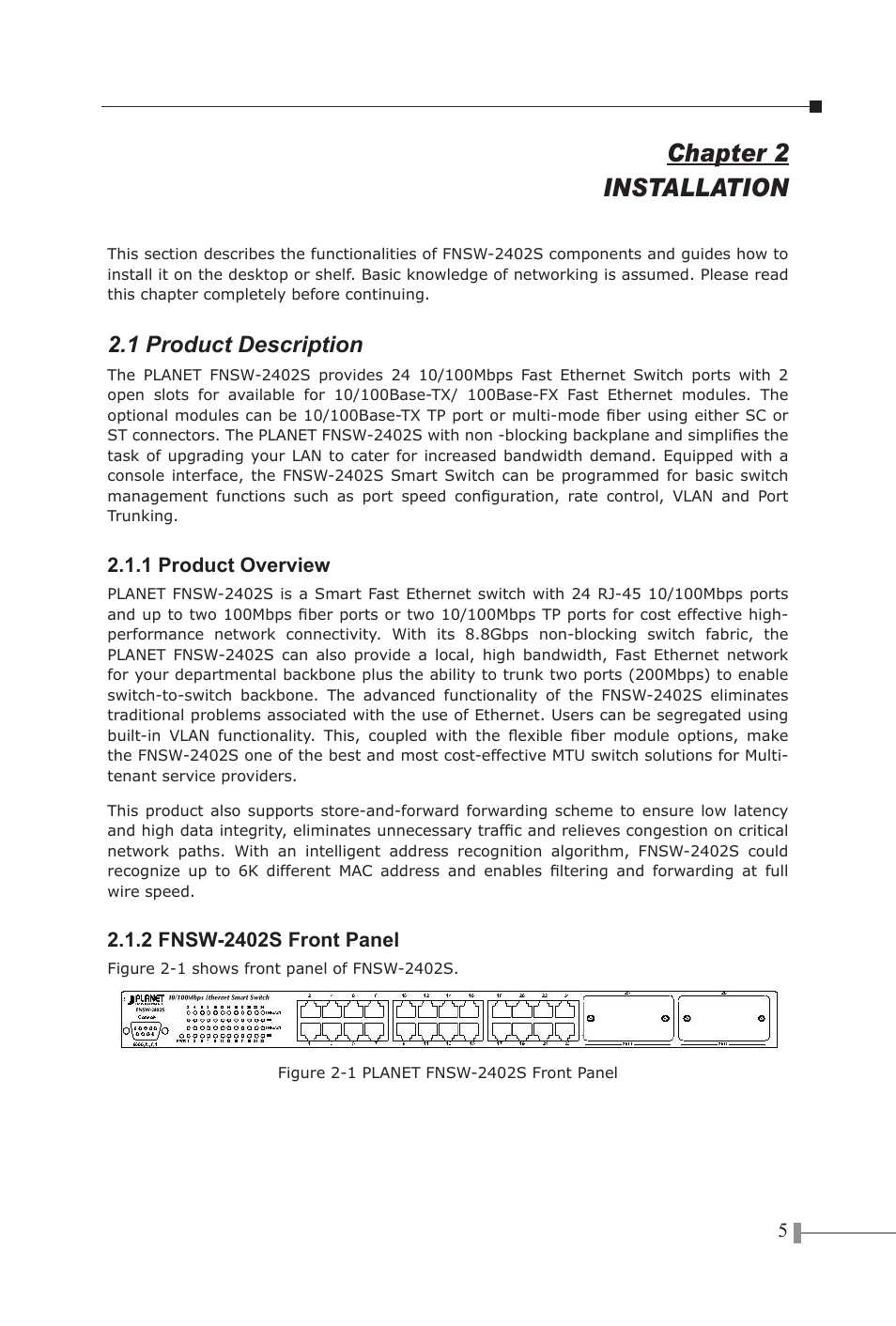 Chapter 2 installation, 1 product description | PLANET FNSW-2402S User Manual | Page 7 / 39