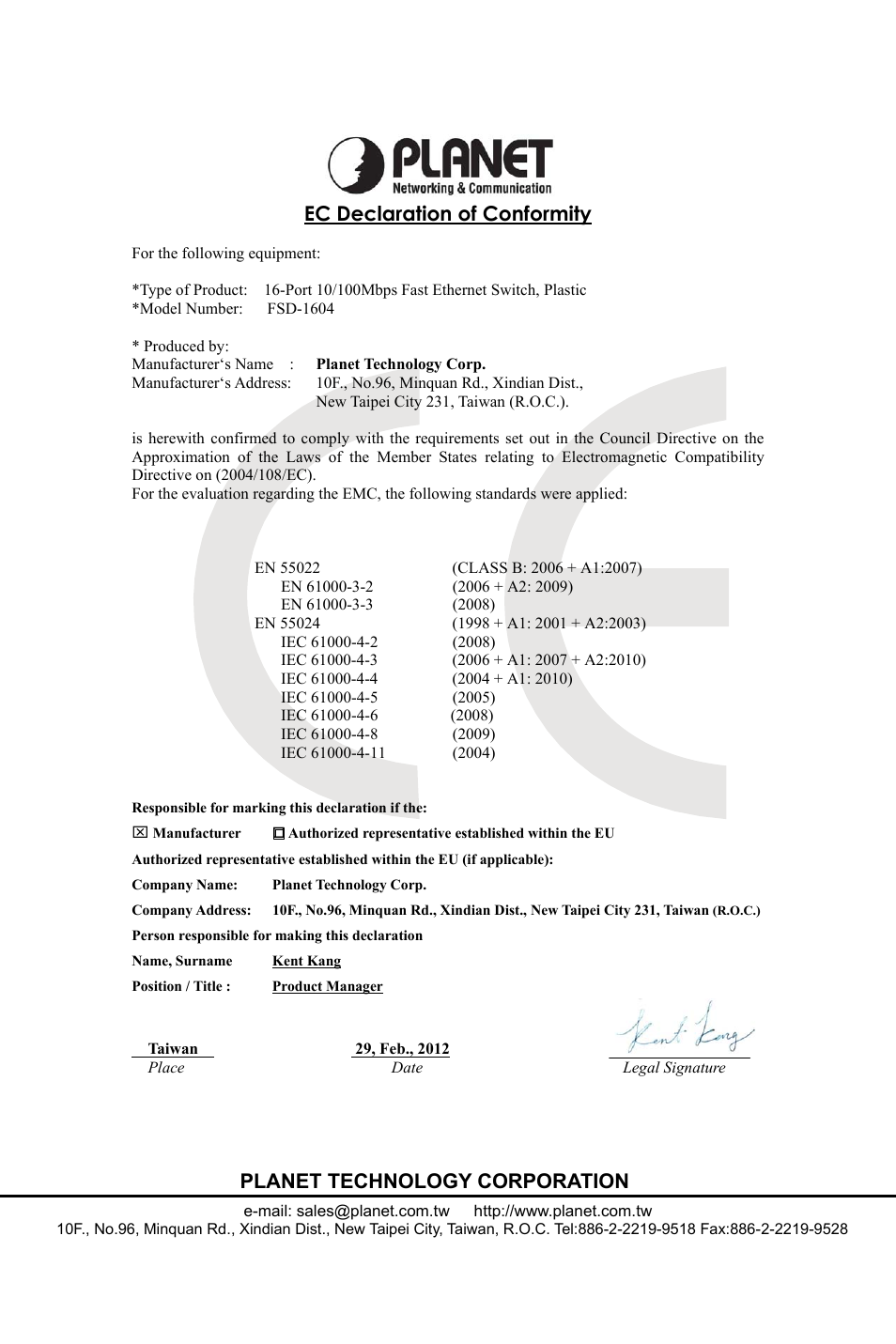 Ec declaration of conformity, Planet technology corporation | PLANET FSD-1604 User Manual | Page 11 / 12