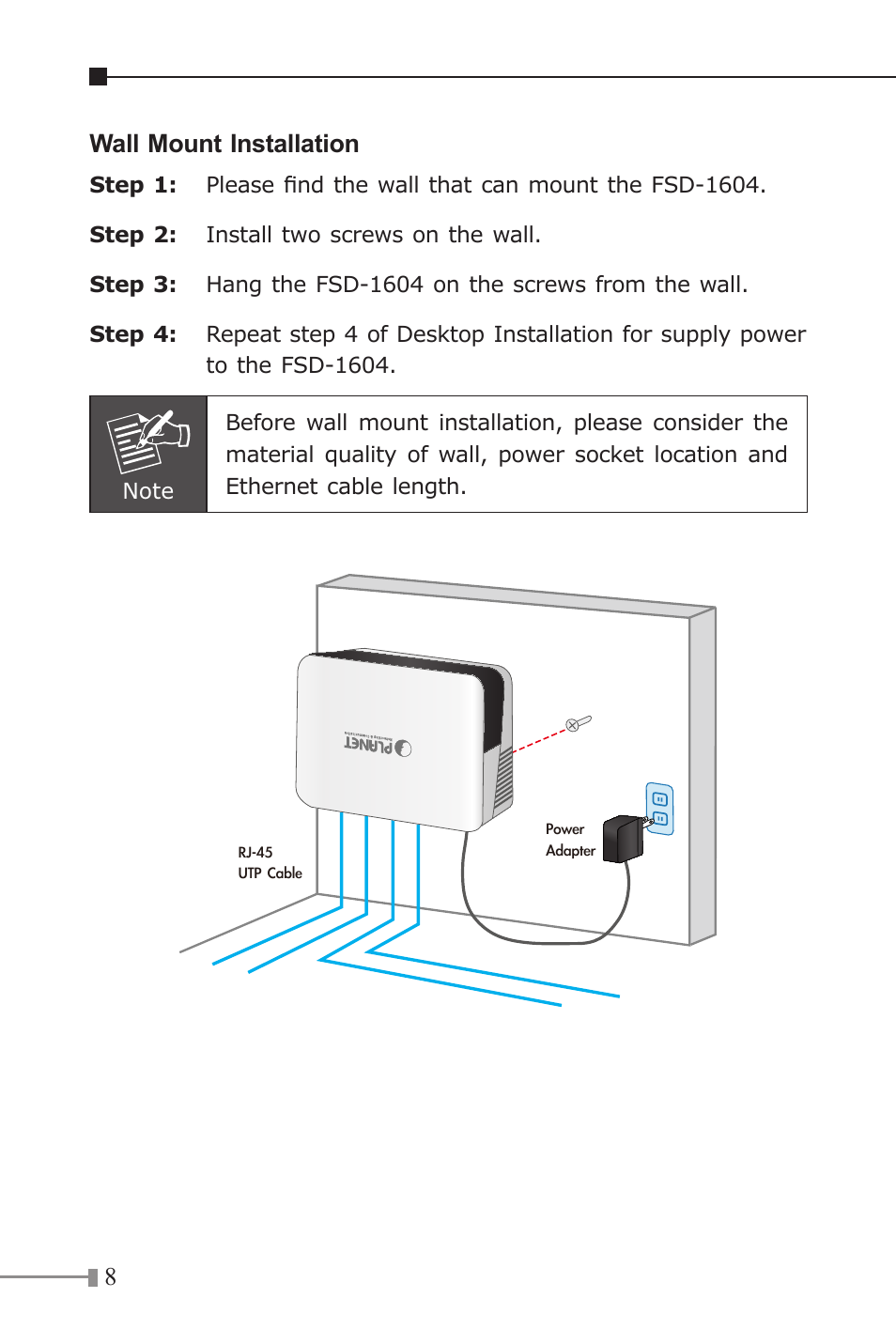 8wall mount installation | PLANET FSD-1604 User Manual | Page 8 / 12