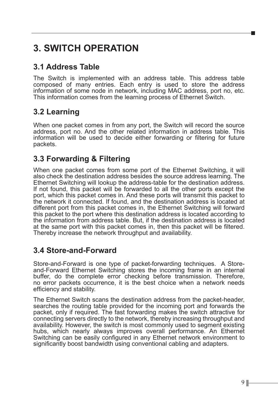 Switch operation, 1 address table, 2 learning | 3 forwarding & filtering, 4 store-and-forward | PLANET FSD-1605 User Manual | Page 11 / 18