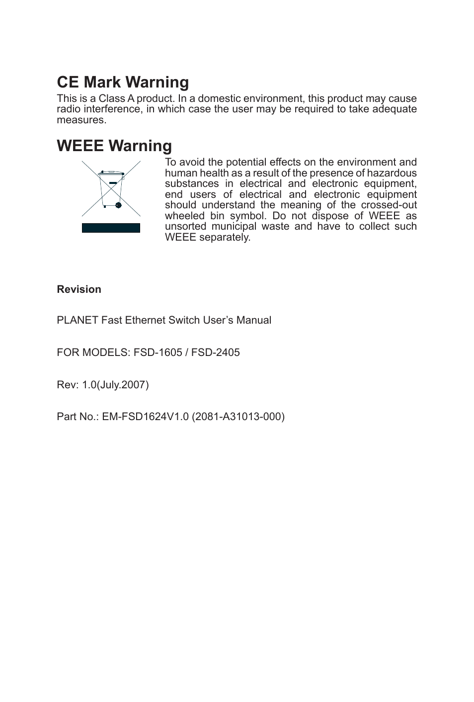 Ce mark warning, Weee warning | PLANET FSD-1605 User Manual | Page 2 / 18