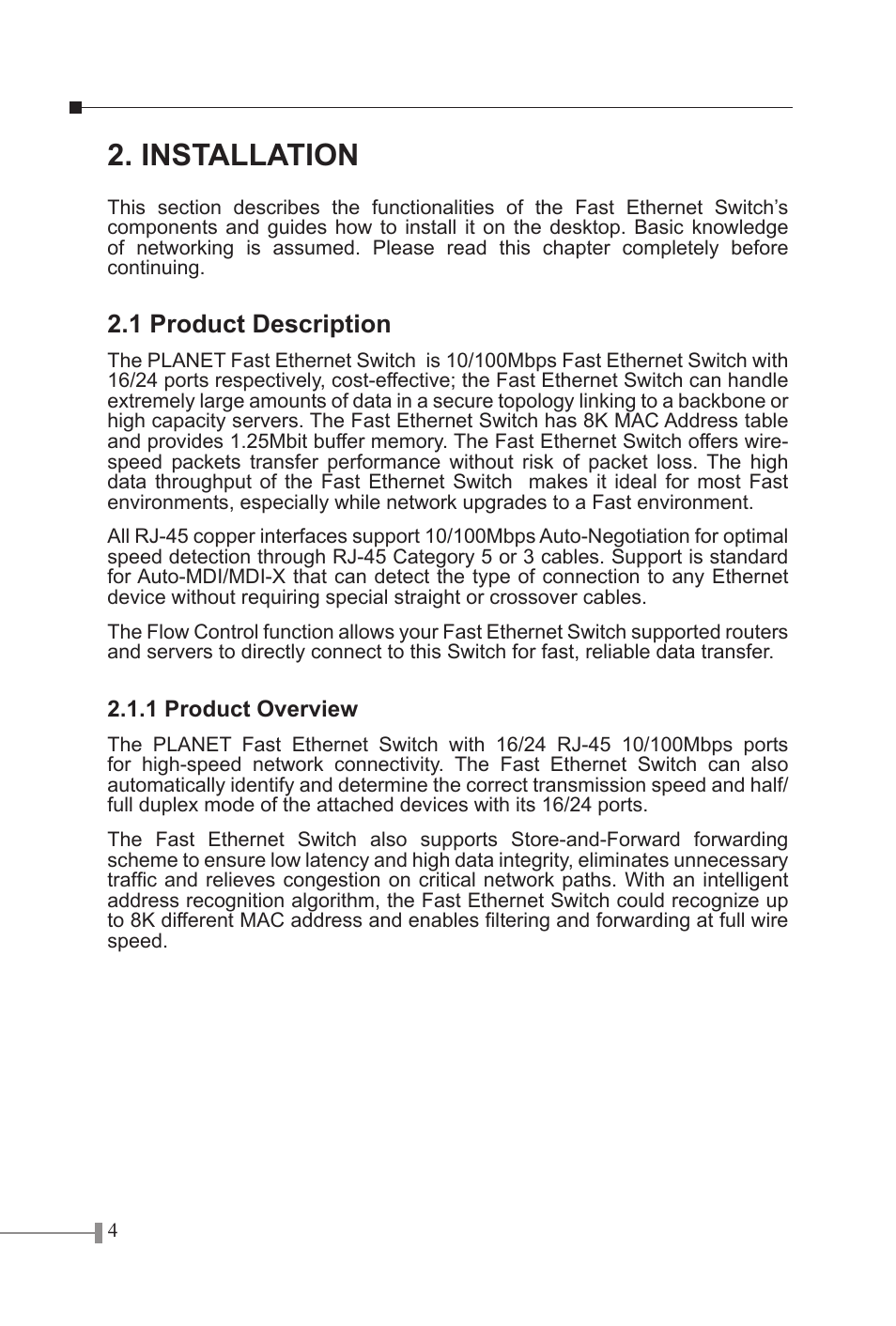 Installation, 1 product description | PLANET FSD-1605 User Manual | Page 6 / 18