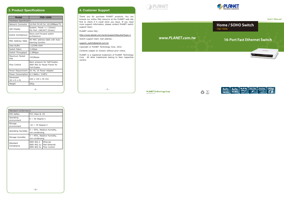 Product specifications, Customer support | PLANET FSD-1606 User Manual | Page 2 / 2