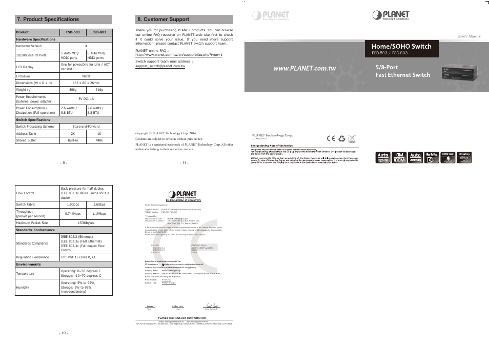 Product specifications, Customer support | PLANET FSD-503 User Manual | Page 2 / 2