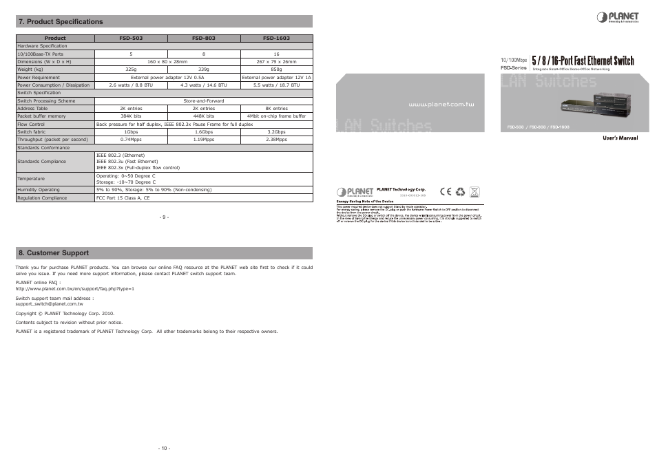 Product specifications, Customer support | PLANET FSD-503 User Manual | Page 2 / 2