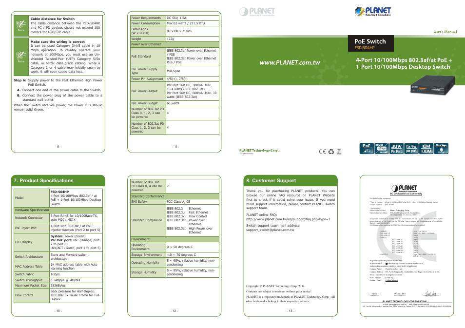 Product specifications, Customer support | PLANET FSD-504HP User Manual | Page 2 / 2
