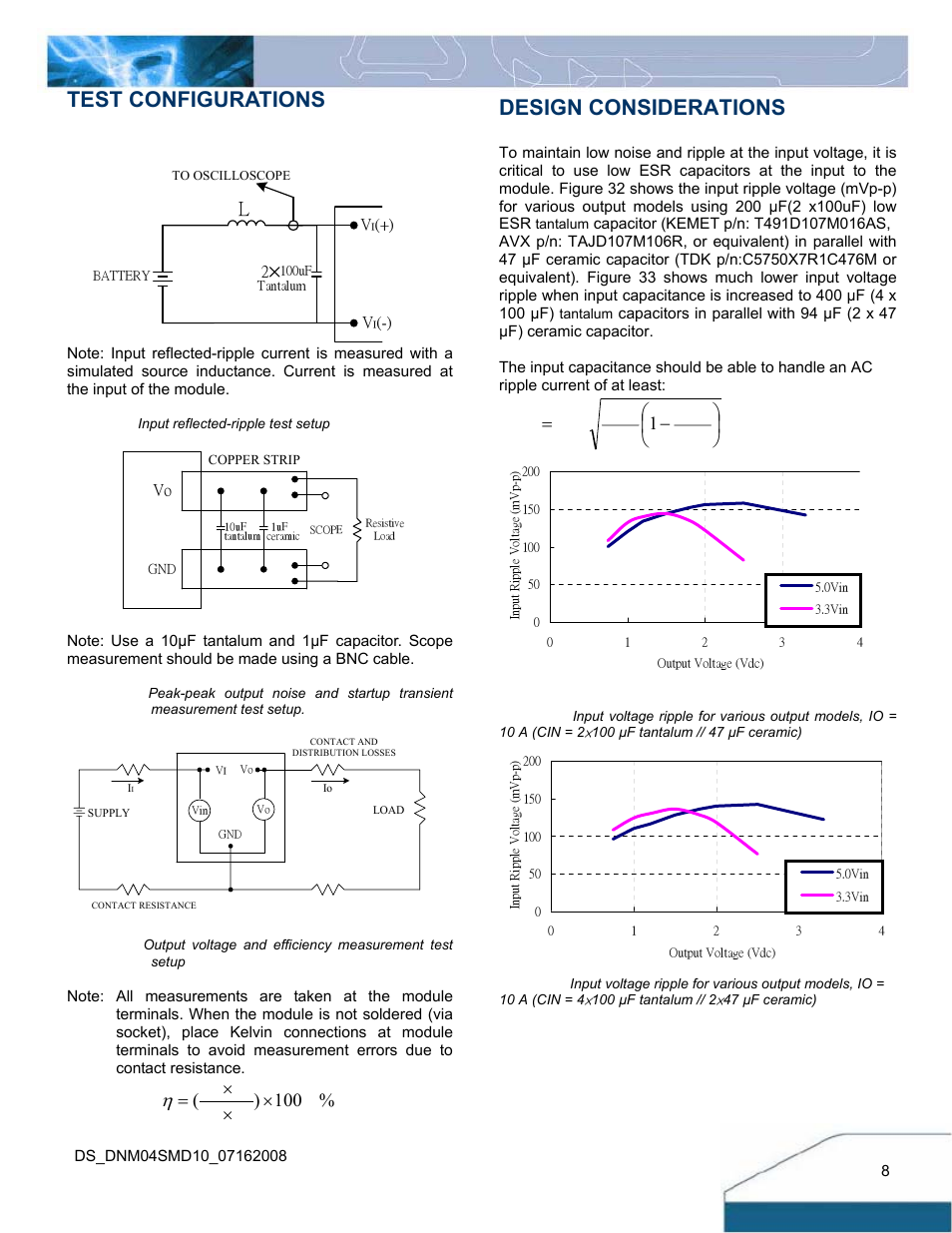 Test configurations, Design considerations, 100 ) ( ч ч ч = ii vi io vo | Arms vin vout vin vout iout irms ⎟ ⎠ ⎞ ⎜ ⎝ ⎛ − = 1 | Delta Electronics 10A User Manual | Page 8 / 17