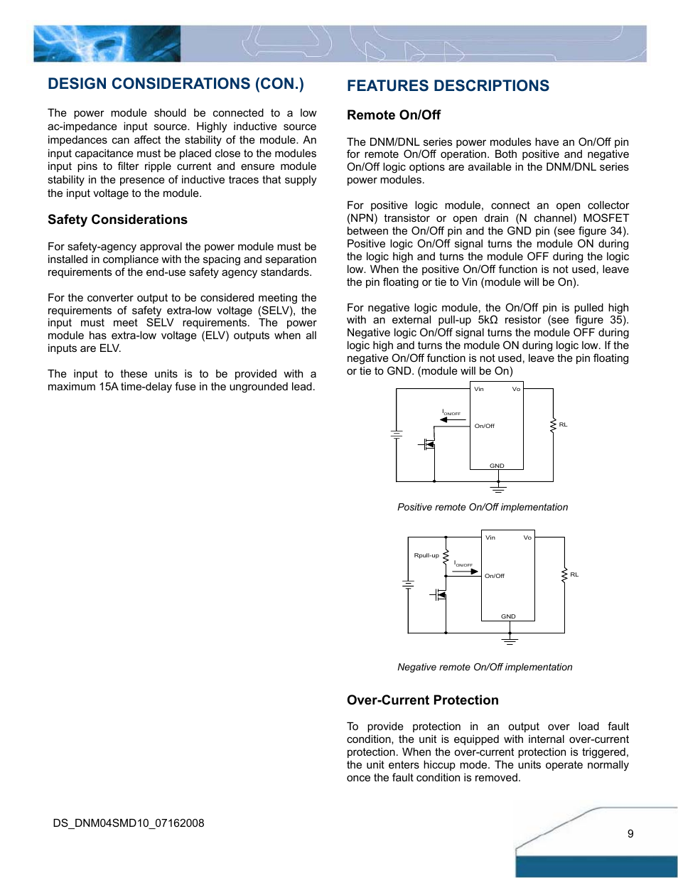 Design considerations (con.), Features descriptions, Safety considerations | Remote on/off, Over-current protection | Delta Electronics 10A User Manual | Page 9 / 17