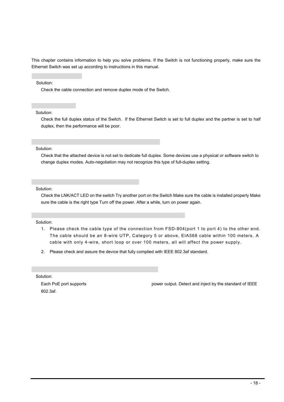 Troubleshooting | PLANET FSD-804P User Manual | Page 18 / 21