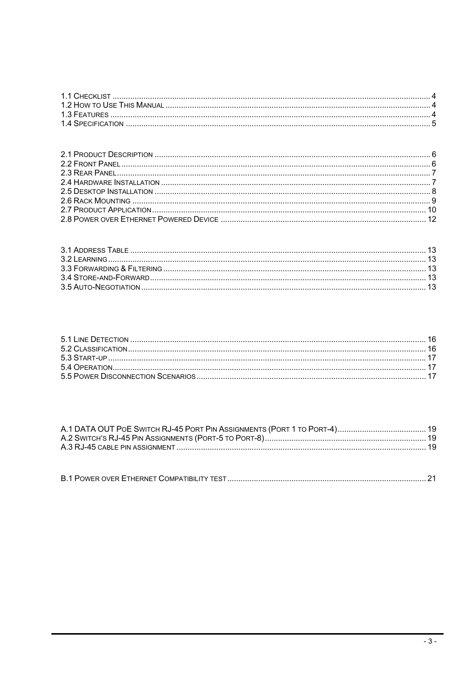 Table of contents 1. introduction, Hardware description, Switch operation | Troubleshooting appendix a networking connection, Appendix b | PLANET FSD-804P User Manual | Page 3 / 21