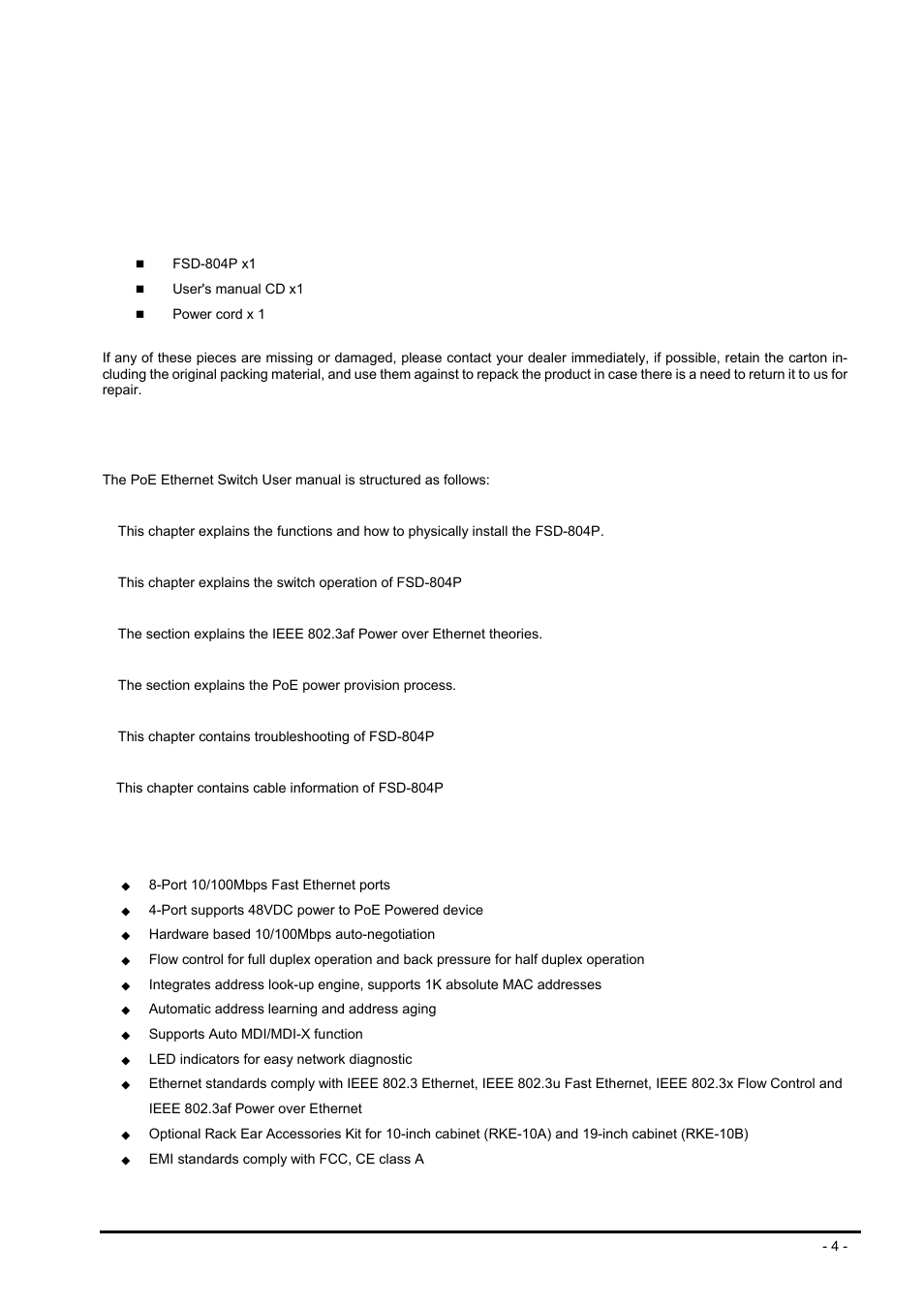 Introduction, 1 checklist, 2 how to use this manual | 3 features, Hecklist, Ow to, Anual, Eatures | PLANET FSD-804P User Manual | Page 4 / 21