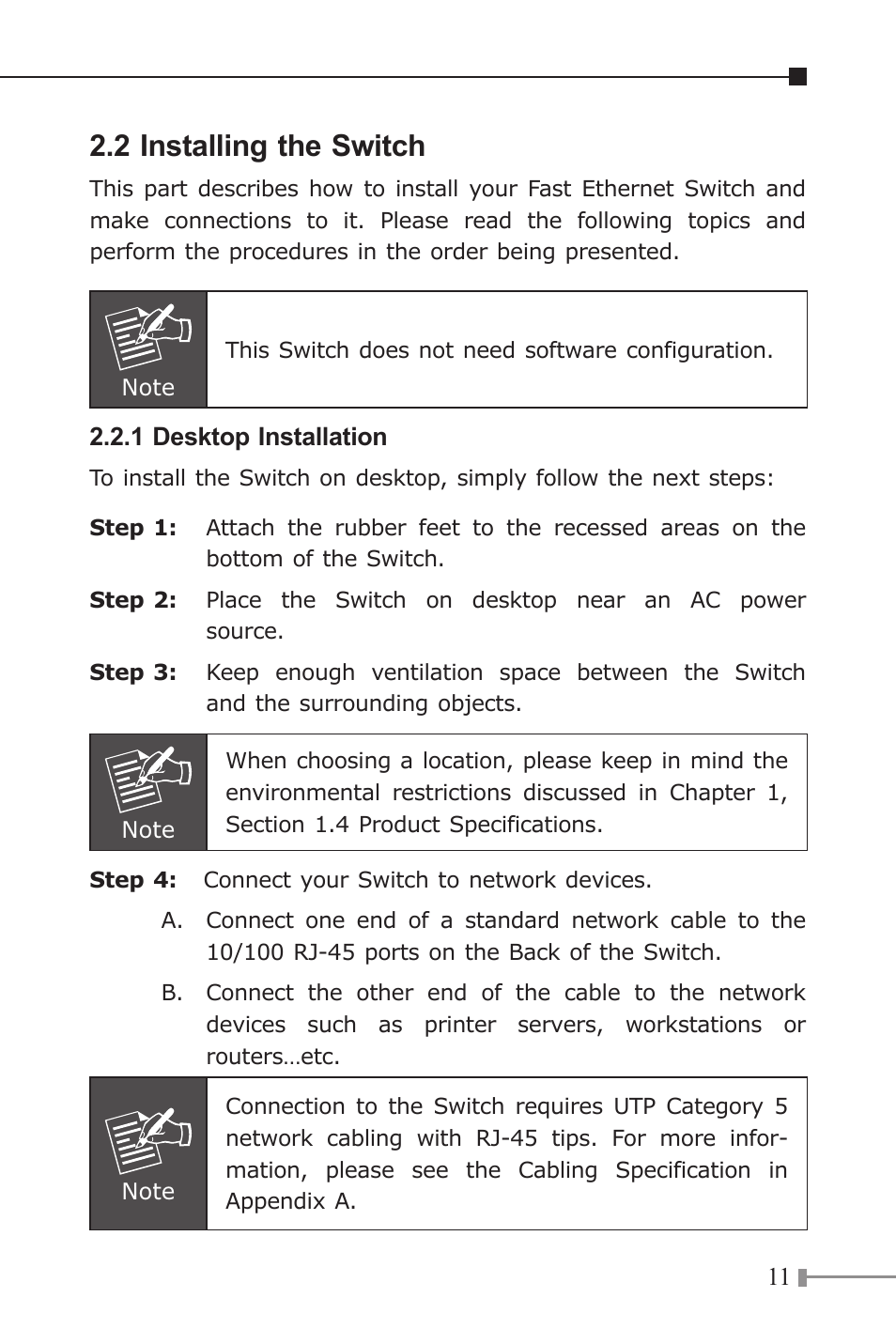 2 installing the switch | PLANET FSD-805 User Manual | Page 11 / 20