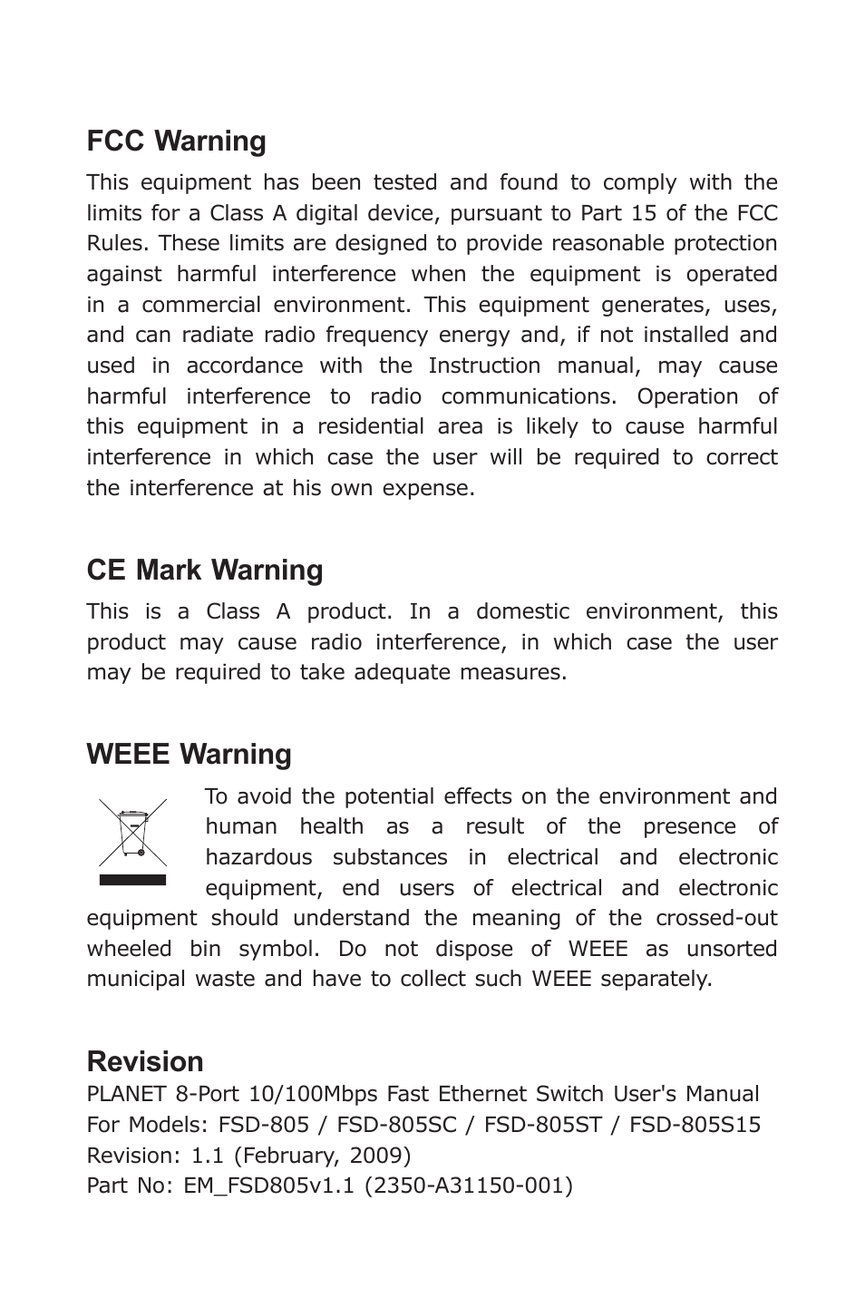 Fcc warning, Ce mark warning, Weee warning | Revision | PLANET FSD-805 User Manual | Page 3 / 20