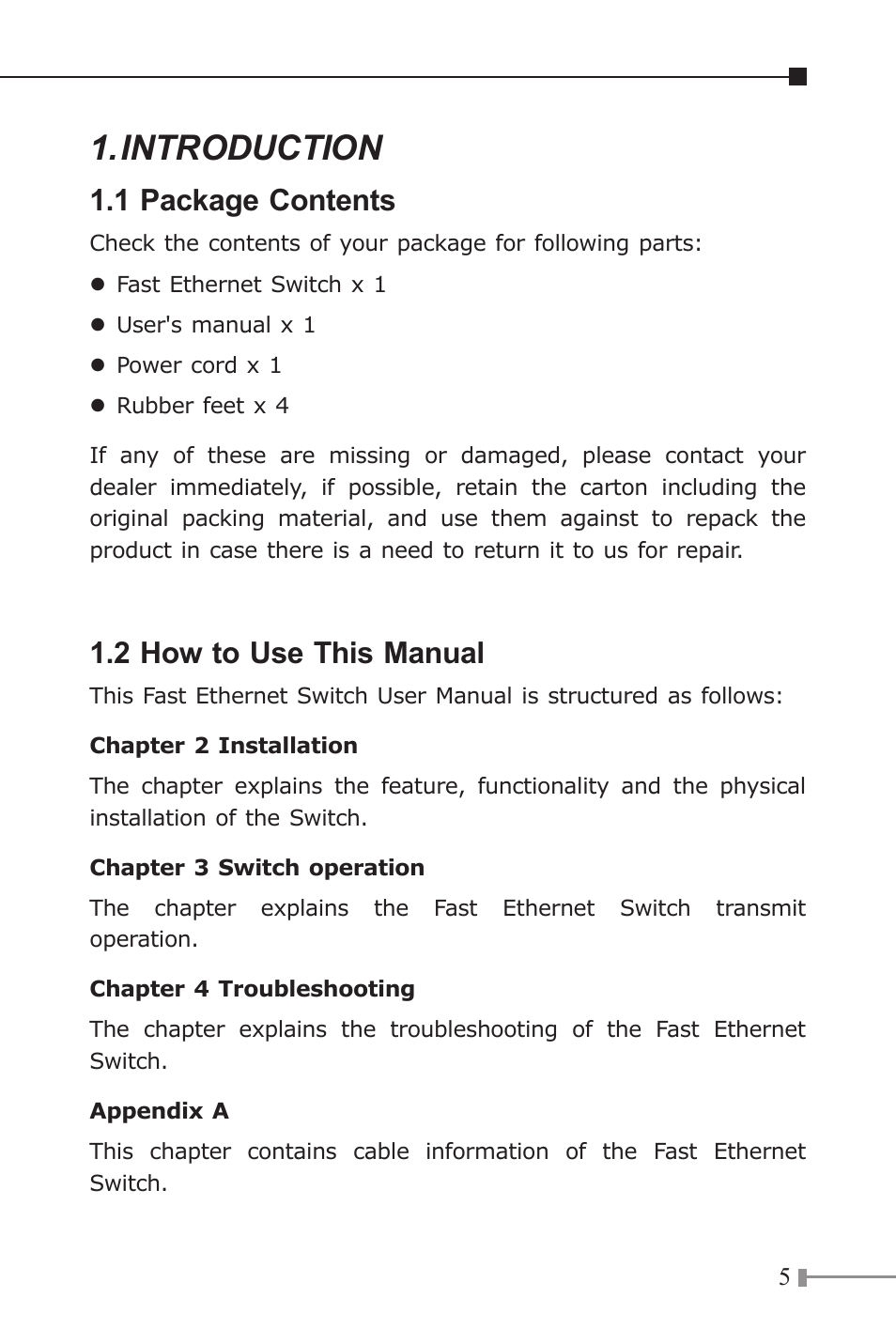 Introduction, 1 package contents, 2 how to use this manual | PLANET FSD-805 User Manual | Page 5 / 20