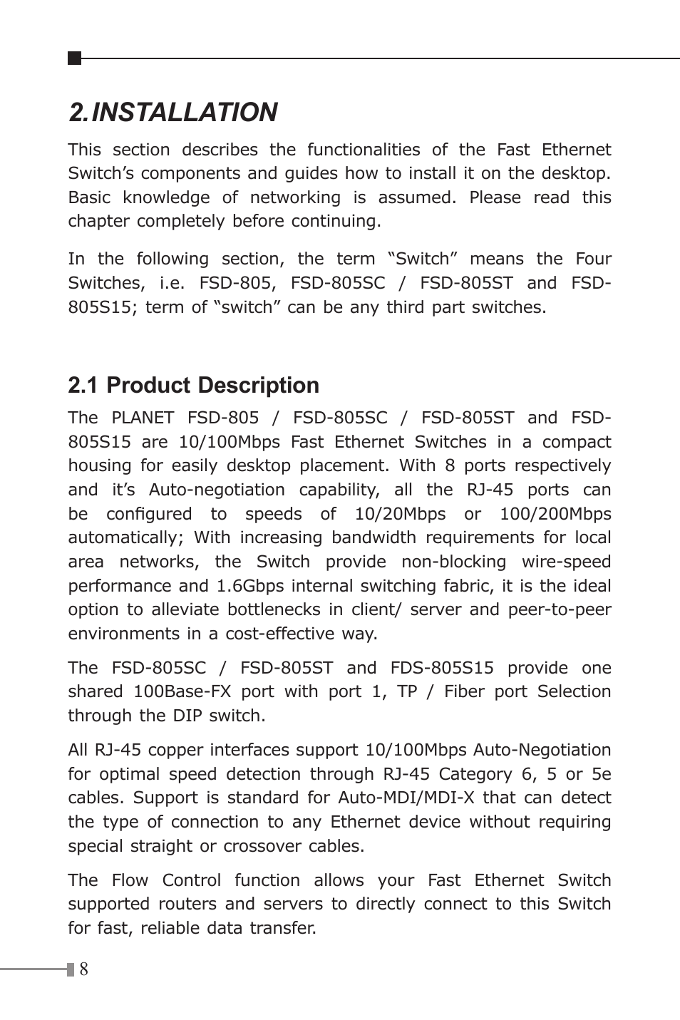 Installation, 1 product description | PLANET FSD-805 User Manual | Page 8 / 20