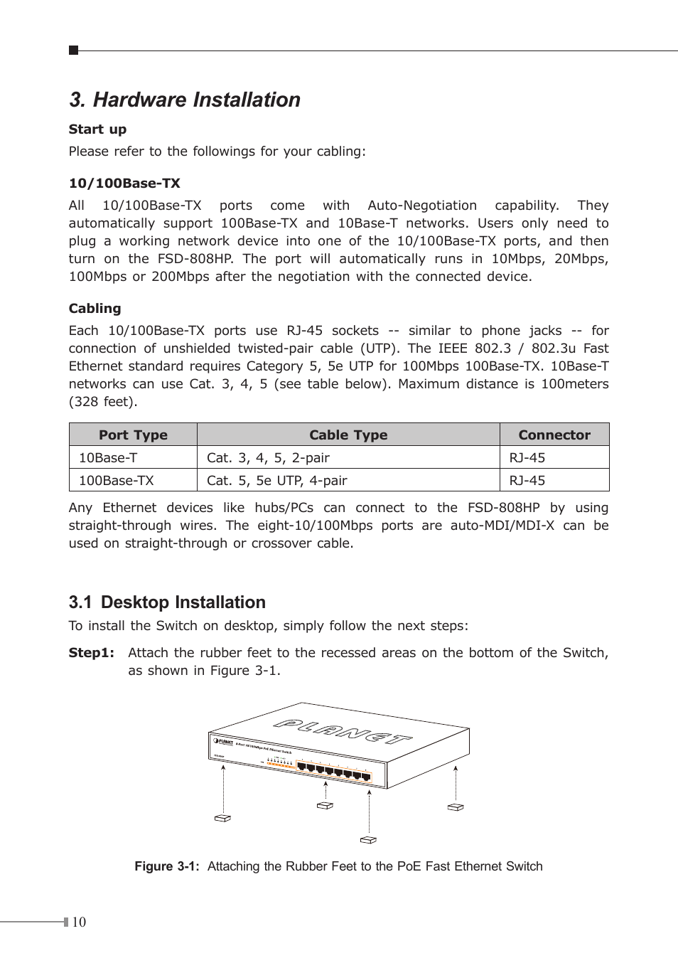 Hardware installation, 1 desktop installation | PLANET FSD-808HP User Manual | Page 10 / 24