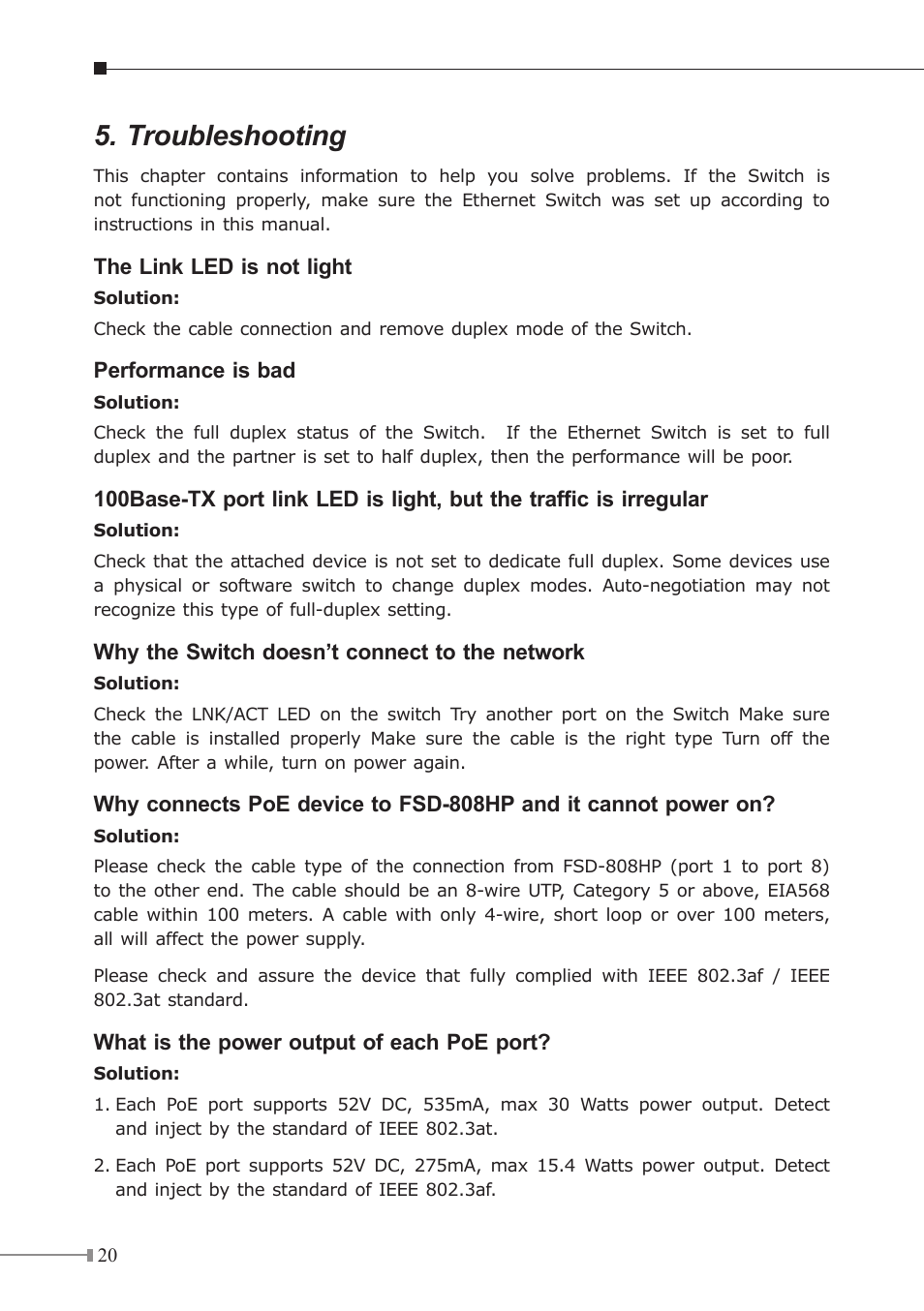 Troubleshooting | PLANET FSD-808HP User Manual | Page 20 / 24