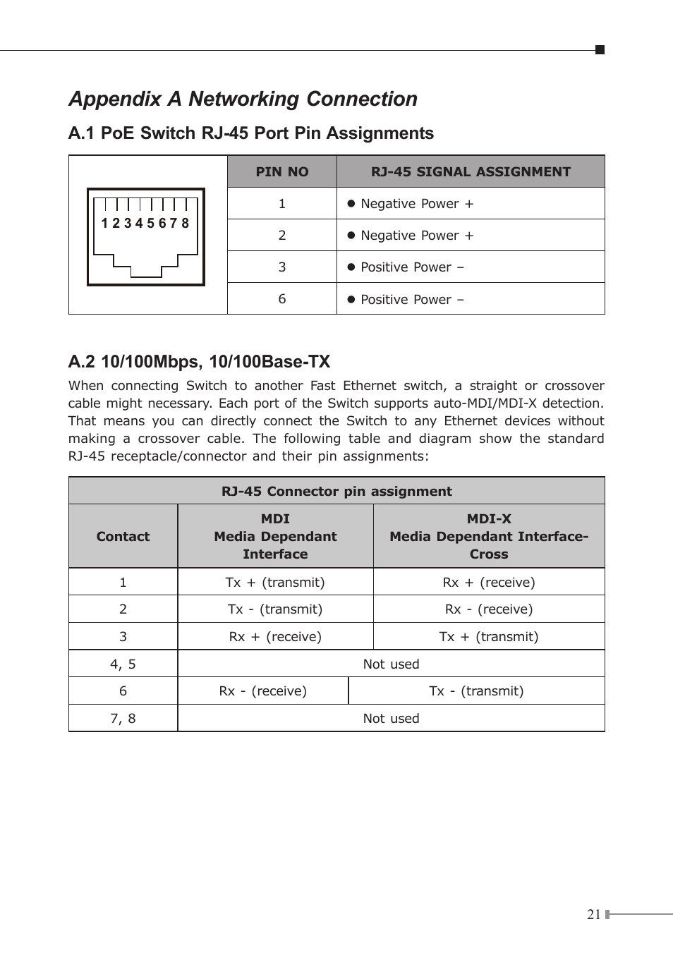 Appendix a networking connection, A.1 poe switch rj-45 port pin assignments | PLANET FSD-808HP User Manual | Page 21 / 24