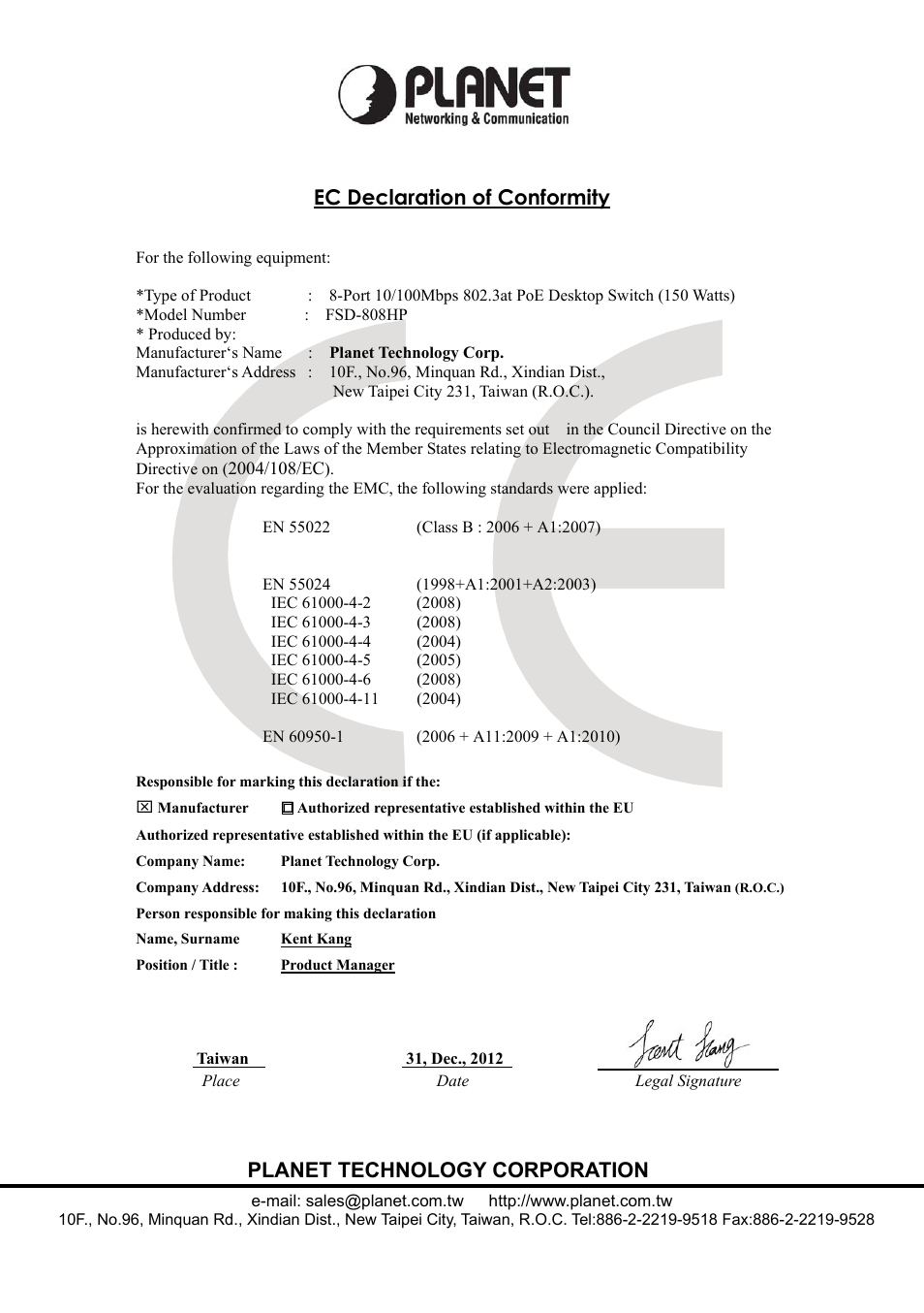 Ec declaration of conformity, Planet technology corporation | PLANET FSD-808HP User Manual | Page 23 / 24