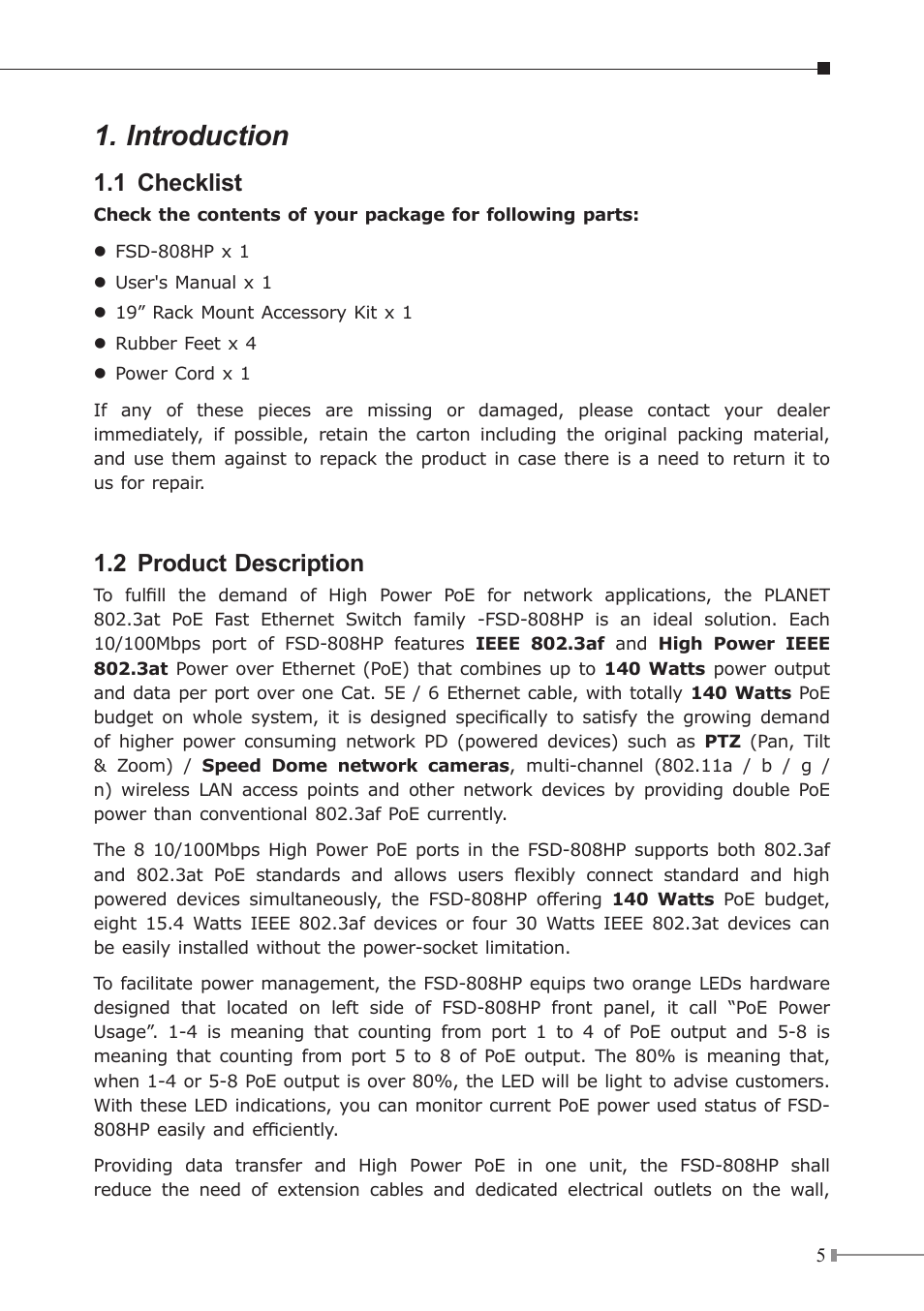 Introduction, 1 checklist, 2 product description | PLANET FSD-808HP User Manual | Page 5 / 24