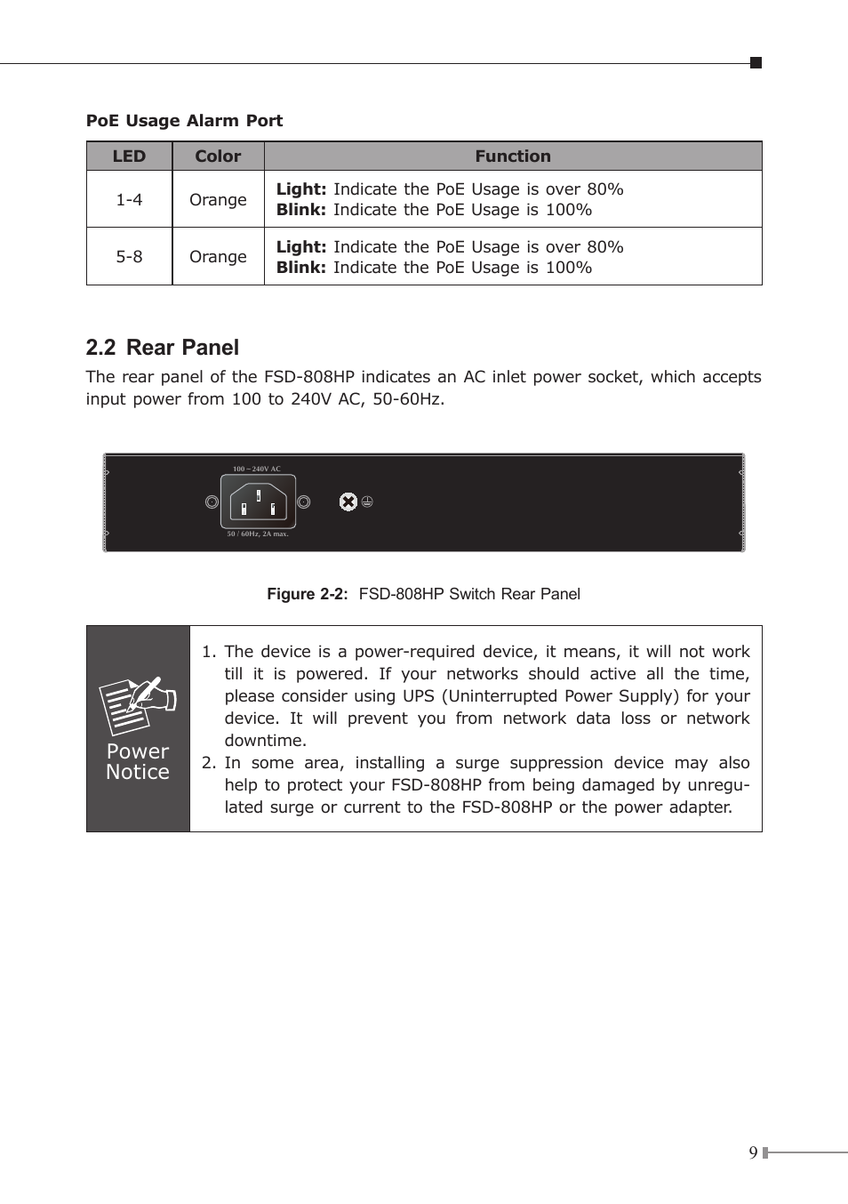 2 rear panel, Power notice | PLANET FSD-808HP User Manual | Page 9 / 24